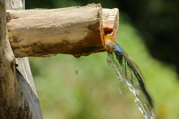 Natural water source. Natural spring of water. Clean, fresh, natural spring of drinking water falls from a wooden channel