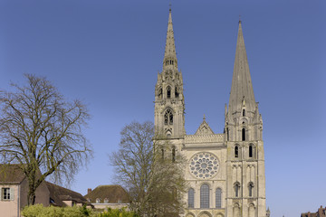 Fototapeta na wymiar Facade of the cathedral Notre-Dame of Chartres, a commune and capital of the Eure-et-Loir department in region Centre-Val de Loire in France