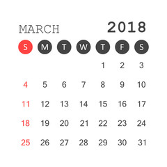 March 2018 calendar. Calendar planner design template. Week starts on Sunday. Business vector illustration.