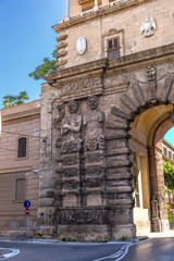Fototapeta na wymiar Palermo, Sicily, Italy. Sculptures of the Atlanteans on the New Gate, 1583 (1667)