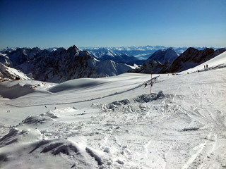 Zugspitze ski and snowboarding area in Alps at winter in Germany, Europe