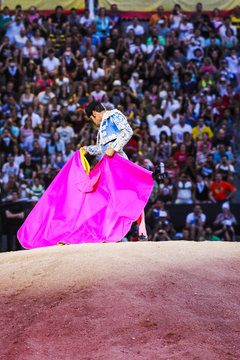 bullfighter making movements in front of the spectators in the arena