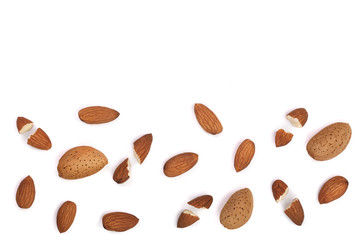 almonds isolated on white background with copy space for your text. Top view. Flat lay pattern