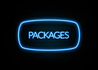 Packages  - colorful Neon Sign on brickwall