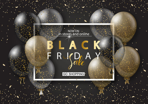 Black friday sale background with frame and transparent realistic balloons. Modern design.Universal vector background for poster, banners, flyers, card.