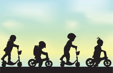 Child on scooter and bike