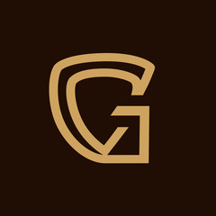 letter G with a shield illustration, a shield within gold G , ititial G security illustration, symbol design, isolated on white background. 
