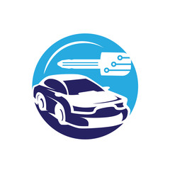 Obraz premium vehicle locksmith illustration, bold car with a car key, car with a key symbol, key with circuit lines, mobile locksmith symbol, symbol design, isolated on white background.