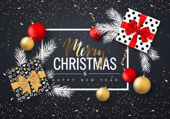Fototapeta na wymiar Merry Christmas and Happy New Year background for holiday greeting card, invitation, party flyer, poster, banner. Christmas tree balls, fir branches, gift box and confetti. Vector illustration.
