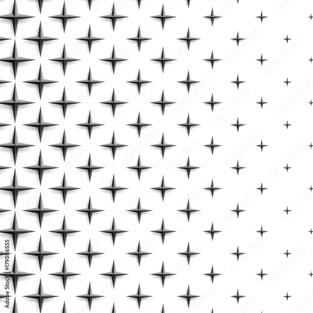 Poster Abstract halftone dotted background. Monochrome pattern with realistic 3d stars. Vector modern futuristic texture for posters, sites, business cards, postcards, labels and stickers. Design mock-up