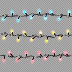 Garlands, Christmas decorations multicolored lights effects, isolated vector design elements. Glowing lights for Xmas Holiday greeting card design. Christmas decoration realistic luminous garland