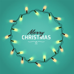 Glowing Christmas realistic Lights Wreath for Xmas Holiday Greeting Cards Design. Isolated on red background. Merry Christmas Lettering label. Glowing lights Garlands Xmas Holiday greeting card design