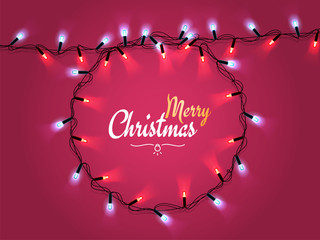 Glowing Christmas realistic Lights Wreath for Xmas Holiday Greeting Cards Design. Isolated on red background. Merry Christmas Lettering label. Glowing lights Garlands Xmas Holiday greeting card design