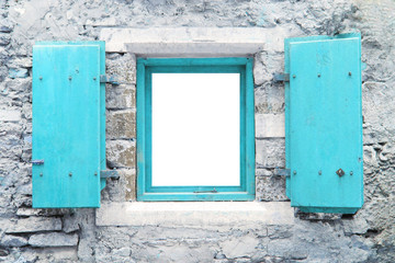 Wide Open Window on Stone Wall Background with Rustic Azure Wooden Frame and Empty White Copy Space in the Middle. Ancient vintage style house facade image with hung sash window close up wallpaper. 