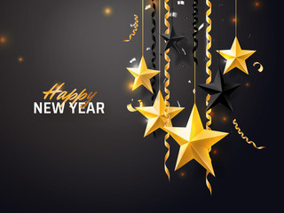Merry Christmas and 2018 New Year background for holiday greeting card, invitation, party flyer, poster, banner. Gold, black, star, serpentine, realistic confetti on black background.