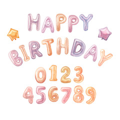 Colorful foil balloons-letters and numbers - a birthday party decoration. Watercolor illustration isolated on white background.