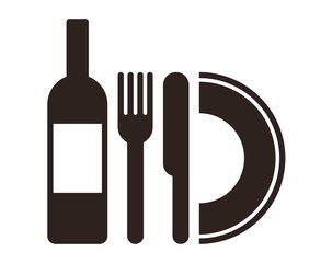 Bottle, plate, knife and fork