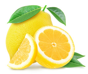 Juicy yellow lemon and slices with leaves isolated on a white background.