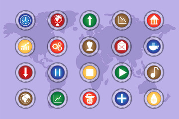 A set of icons on colored buttons with transparent elements. Part 2