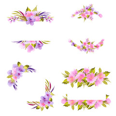 Set of frame borders with pink and purple small wildflowers and green plants, hand painted in watercolor on a white background, for greeting card, wedding design, decoration postcard or invitation