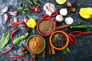 Spices and herbs on white background. Food and cuisine ingredients