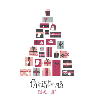 christmas sale. pile of presents arranged as an abstract christmas tree. vector illustration