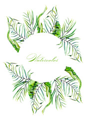 Watercolor tropical palm leaves frame border, wreath, hand painted on a white background