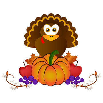 Turkey with a pumpkin and apples, Thanksgiving day, Vector illustration