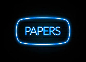 Papers  - colorful Neon Sign on brickwall