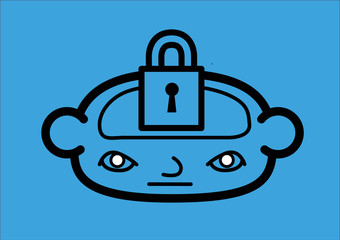 A head icon with a padlock representing a closed mind. Vector illustration