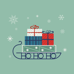 Santa Sleigh icon. Christmas snow sledge with gifts present boxes. Flat simple minimal style in retro colors. Design element for winter holiday season new year event, greeting. Vector illustration