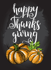 Thanksgiving Background. Greeting card with Ink hand drawn pumpkins and maple leaves. Autumn harvest elements composition with brush calligraphy style lettering. Vector illustration.