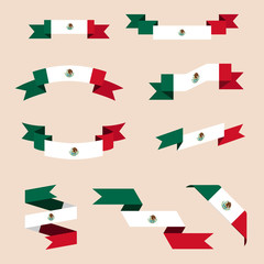 Vector set of scrolled isolated ribbons or banners in colors of Mexican flag.