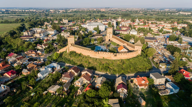 arieal view on the Lutsk castle. Prince Lubart stone castle, landmark of Lutsk city, Ukraine.