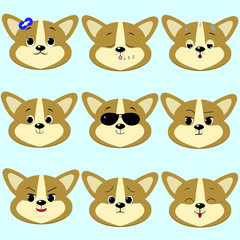 Dog Corgi smiley, a set of different emotions.