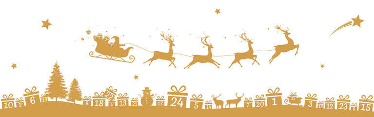 Advent calendar banner, gold Santa sleigh and gift landscape