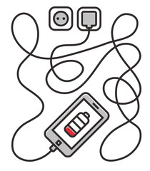 Phone charging with long wire. Smarthone and line wire. Minimalism Line drawn outline illustration banner, card, template