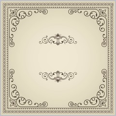 Vintage frame on damask background. Design elements: labels, borders, frames, etc. Could be used for page decoration, certificate, menu etc