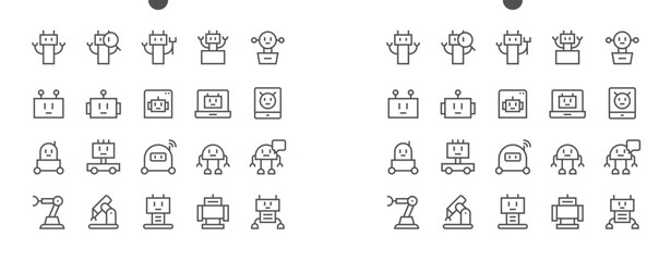Obraz na płótnie Canvas Robots Pixel Perfect Well-crafted Vector Thin Line Icons 48x48 Ready for 24x24 Grid for Web Graphics and Apps with Editable Stroke. Simple Minimal Pictogram