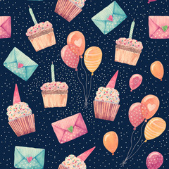 Sweet cupcakes, envelopes and balloons - retro illustrations painted in watercolor. Birthday party decorations in seamless pattern.