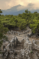 Stone ruins of houses and the street of the ancient city of Phaselis.