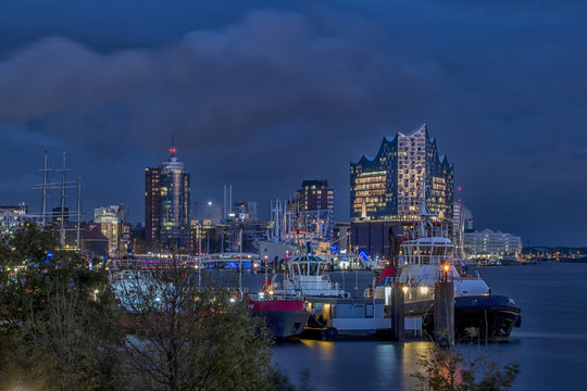 Nightly panorama of the harbor of Hamburg Germany
