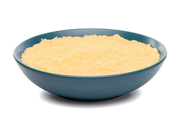 Vermicelli desert on a blue ceramic plate