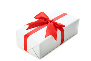 White gift box with ribbon isolated on white