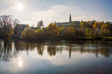 Fototapeta premium Idyllic view of Halle (Saale), Germany on a sunny day in Autumn