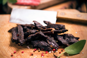 Beef Jerky on wooden background