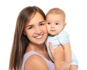 Happy young woman with cute baby on white background