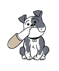 English bulldog with slippers in his mouth isolated on white background. Cute gray outline bulldog icon, element for new year of dog 2018 design. The silhouette of the dog breed English Bulldog.