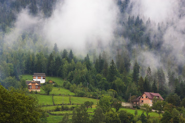 Summer mountain landscape. Country houses in white fog after rain. Green grass and forest under clouds. Traveling in Carpathians, Ukraine