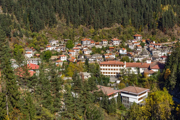 Fototapeta premium Panoramic view of town of Shiroka Laka and Rhodope Mountains, Smolyan Region, Bulgaria